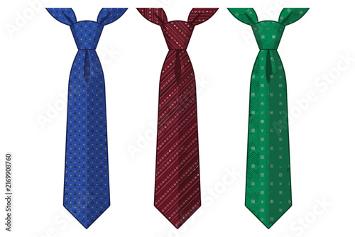 Three neckties in blue burgundy and green with patterns against white background vector silhouette
