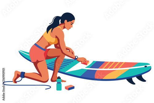 Woman waxing surfboard preparing for ocean waves during summer vacation with vibrant colors vector silhouette