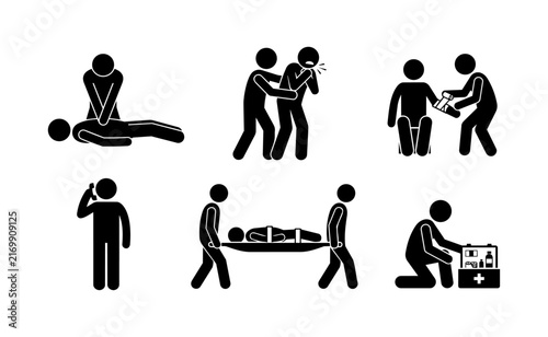 Six black silhouettes show first aid actions including basic CPR, choking rescue, bandaging, emergency calling, stretcher transport and medical kit use on a clean white background.