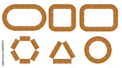 Obraz na plátne Wooden frame set geometry shape label border wood texture badge tag circle oval