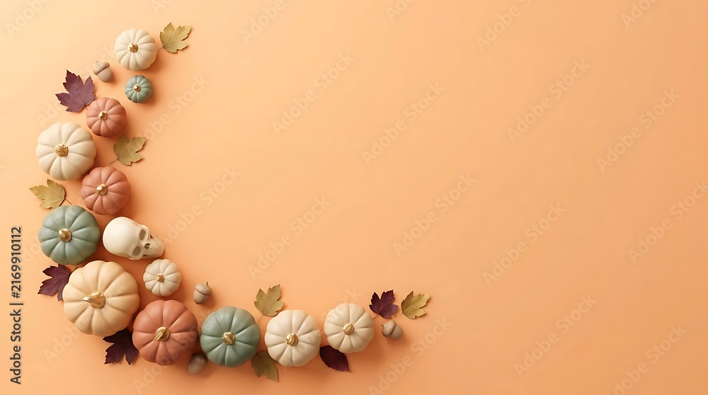 Obraz premium Colorful painted pumpkins arranged with autumn leaves on transparent background
