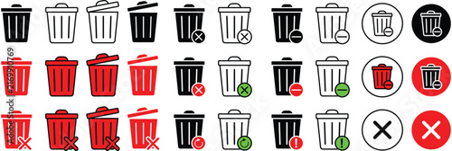 Trash Bin Garbage and Waste Container Icon Collection in Black Red Green Gray Vector Set