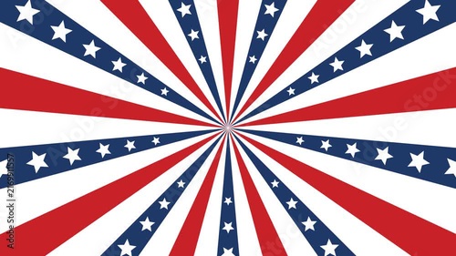 Patriotic starburst background animation. Red, white and blue radial rays with stars expanding from the center. Motion graphic video for patriotic celebration, holiday, banner, poster