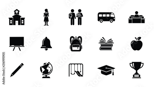Collection of icons representing various elements of a typical school day with Black white icons illustrate key aspects academic life with transportation teaching achievements