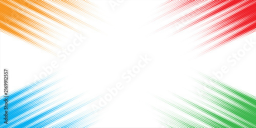 Multicolor halftone speed lines abstract comic background on white background, vector illustration.