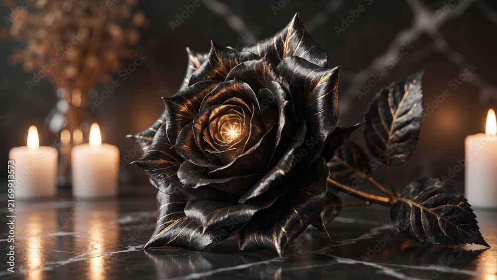 Fototapeta premium Stylized black and gold metallic rose on a dark marble surface with candles