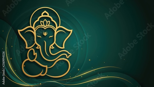 Gold outline of lord ganesha on a dark green background, with swirls