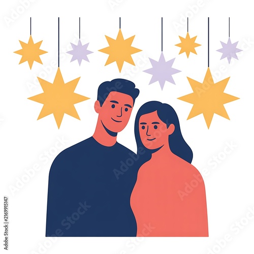 Young couple standing together under hanging star decorations, flat vector illustration
