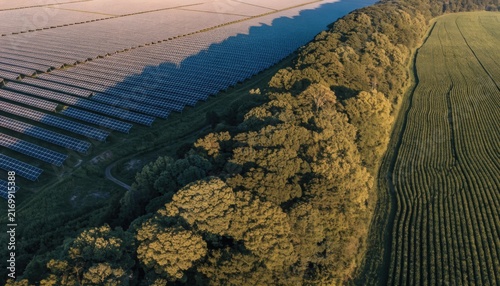 Aerial view of a solar farm bordering a lush green forest and cultivated field