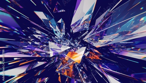Exploding geometric shards of glass in vibrant purple and blue hues