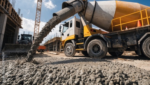 Concrete mixer truck pouring wet concrete at a construction site