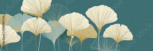 Stylized ginkgo leaves minimalist botanical wall art. Stylized ginkgo leaves and branches forming a modern botanical illustration on a teal background