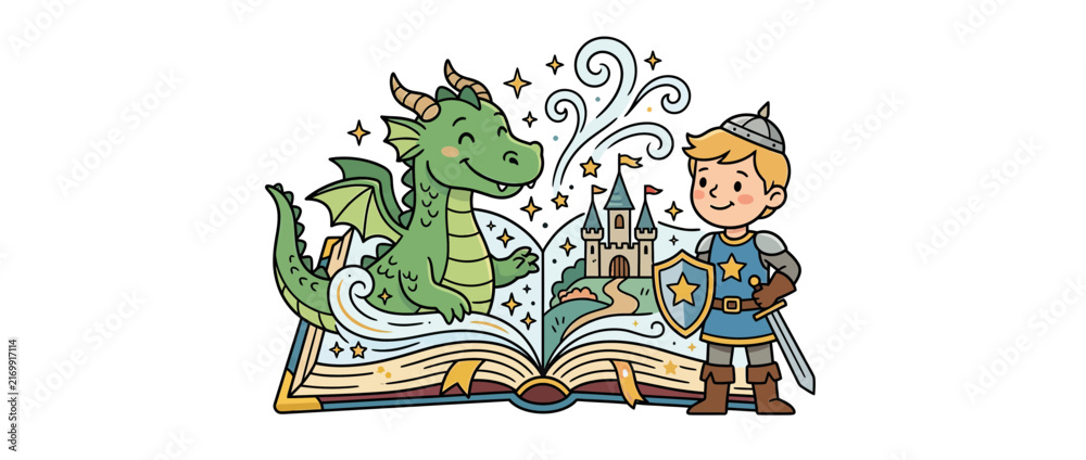 Fototapeta premium Children's fantasy storybook with dragon, knight, and castle illustration