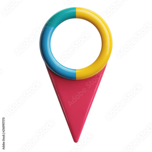 Vibrant 3 D Pin Drop with Red Body Yellow Blue Ring on Black Background marker symbol