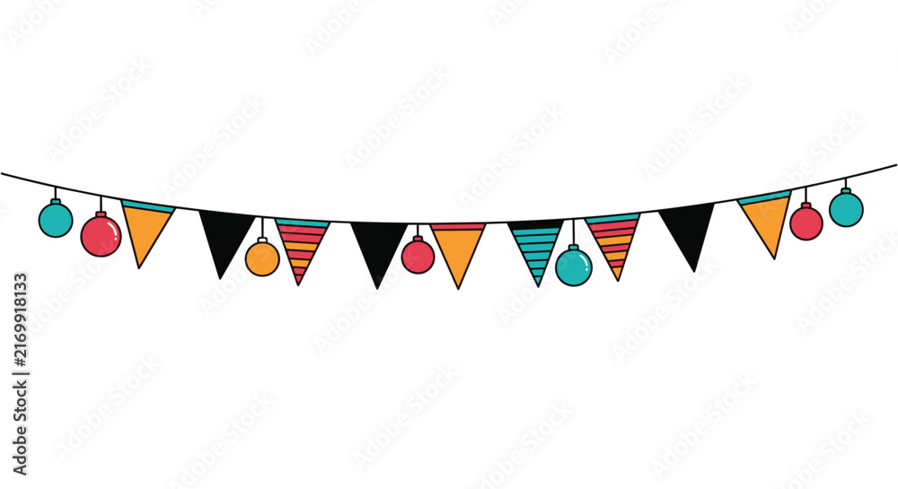 Fototapeta premium Hanging festive party garland with colorful triangular bunting flags and circular baubles, vector art.