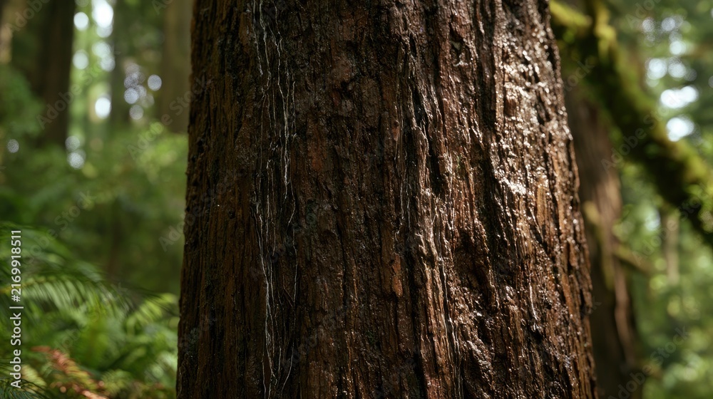 Obraz premium Macro shot of damp, textured bark on a massive evergreen tree in a forest