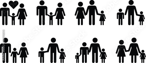 Collection of black silhouette representing various family structures, including parents and children holding hands, isolated on a white background, for use