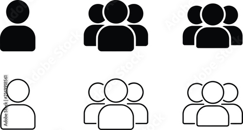 Collection of user profile including single person and group silhouettes in solid black and outlined styles, isolated on a white background, for interface navigation