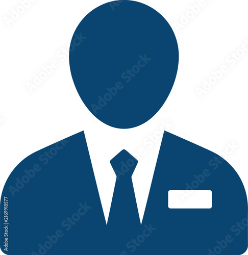 Dark blue silhouette of a person wearing a suit and tie with a name tag, representing a business employee, or staff member, isolated on white background