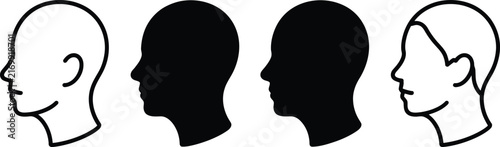 Set of four human head profile silhouettes, featuring two outlined and two solid black shapes, isolated on a white background, for use in, psychology or education