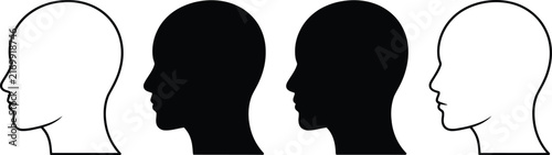 Set of four human head profile silhouettes, featuring two outlined and two solid black shapes, isolated on a white background, for use in, psychology or education
