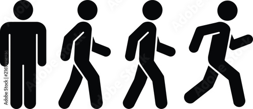 Set of human walking and running stick figure in black, representing different stages of movement and speed, isolated on a white background, for signage usage