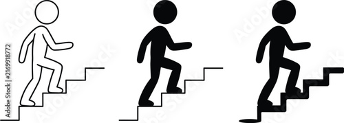 Three black and white silhouette of a human figure climbing up a staircase, showing different styles of visual representation for ascending steps, isolated on white
