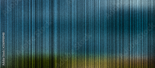 A vibrant abstract artwork featuring vertical lines in shades of blue and gold