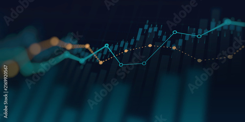 financial graph with uptrend line technology bar chart of stock market on blue color background