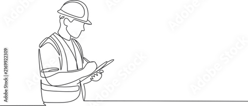 Continuous line drawing of a construction worker writing on a clipboard