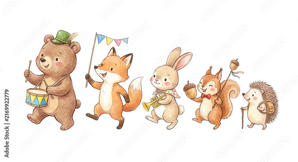 Obraz premium Watercolor illustration of a cheerful animal marching band featuring a bear with a drum, a fox holding flags, a rabbit with a horn, a squirrel with acorns, and a hedgehog.