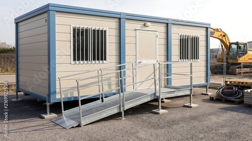 Portable construction office container with accessibility ramp. Modular site cabin for industrial workspace. Prefabricated temporary building unit.