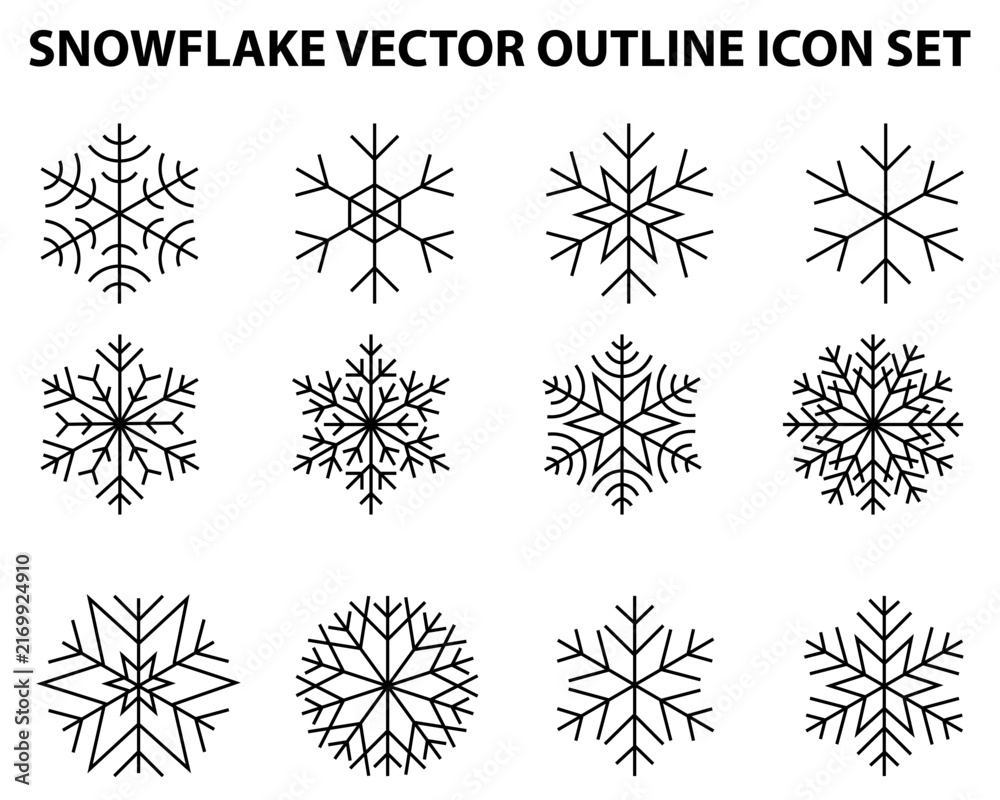 Obraz premium Snowflake flat vector icon set 12 minimalist black outline winter and christmas symbols, isolated on a white background