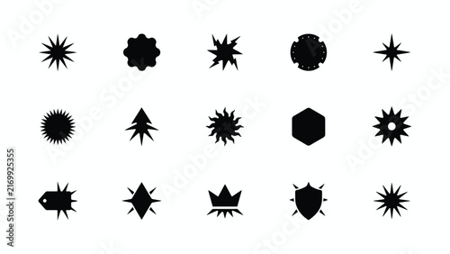 Collection of stylized geometric explosion and impact shapes in monochrome vector design with Geometric shapes sharp points angular outlines resembling explosions