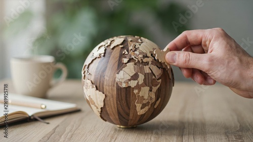 Hand touching wooden globe model on office desk for international trade and ESG concept.