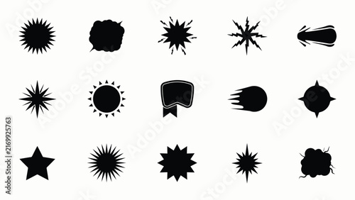 Black geometric burst and star shapes in flat minimalist illustration style with dynamic lines against plain white background Collection abstract black shapes bursts