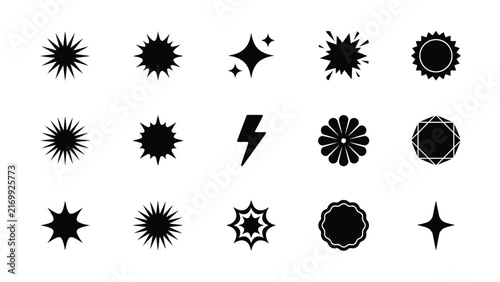 Black geometric starburst and lightning bolt symbols arranged in clean grid pattern on plain background with Geometric symbols