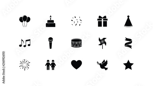Collection of black and white celebration icons arranged in a clean 5x3 grid layout with representing various celebration celebration themes organized
