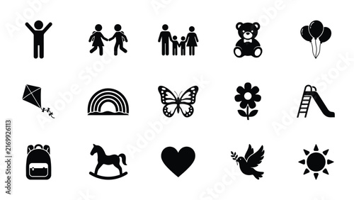 Black with Collection simple black white icons showcasing cheerful symbols related childhood family leisure activities illustration celebration
