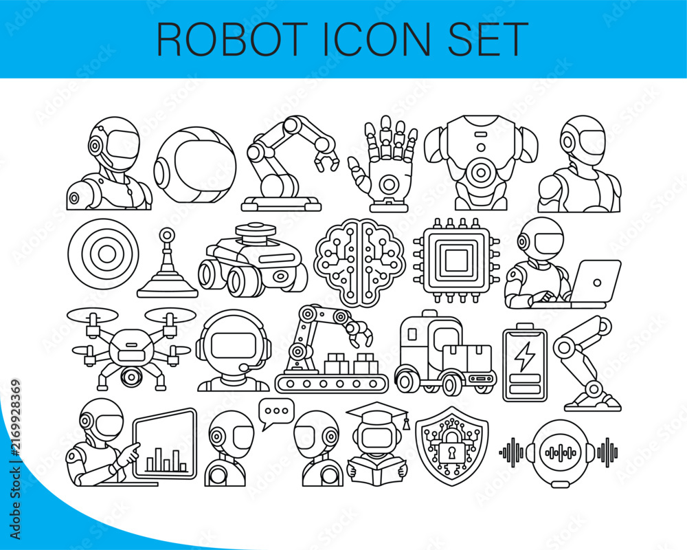 Naklejka premium Robot Icon Set – AI, Robotics, Automation & Technology Line Icons