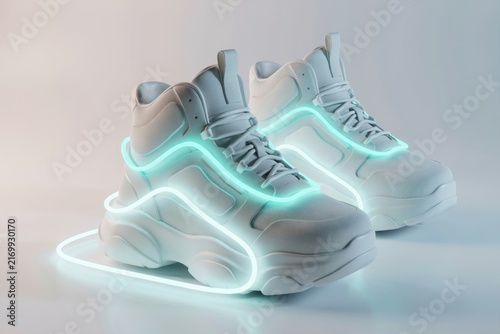 White high top sneakers with glowing neon light