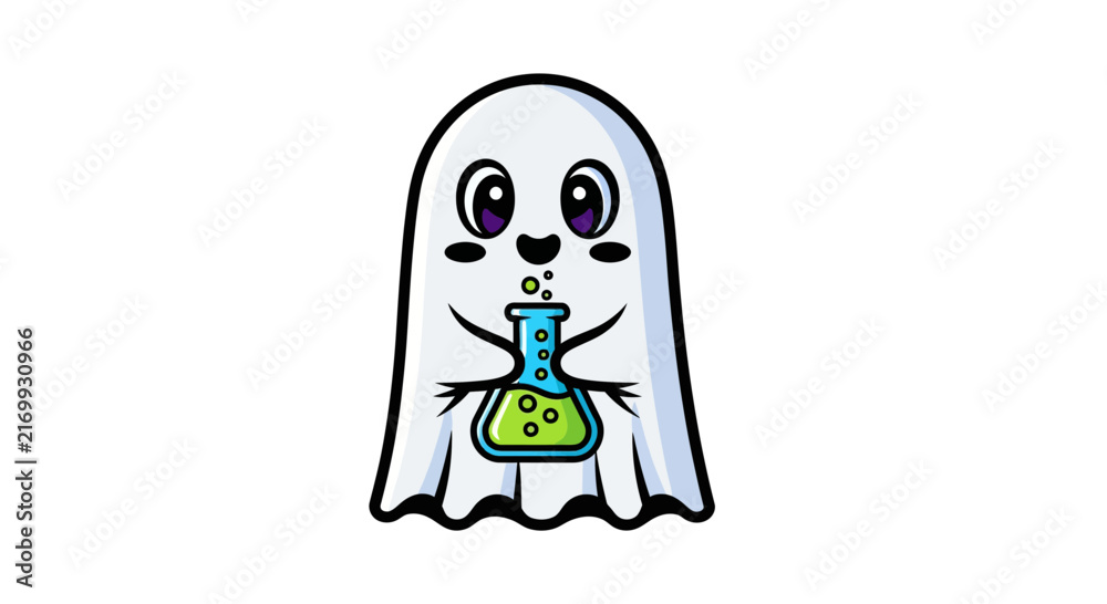 Fototapeta premium Cute cartoon ghost holding a chemical flask with green liquid.