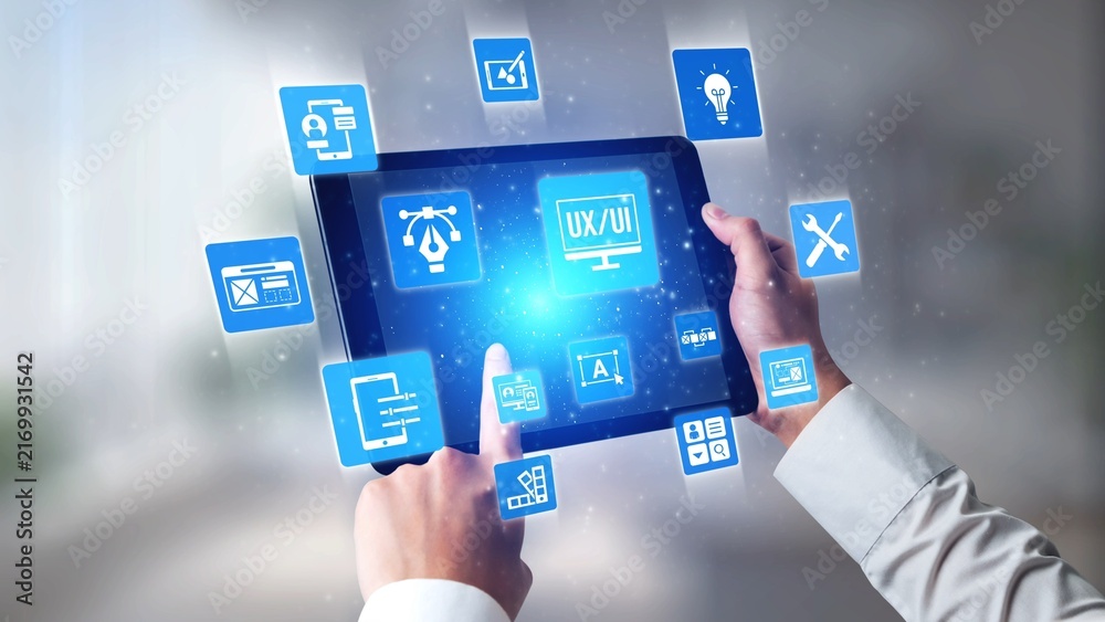 Obraz premium The concept of UX UI design focuses on user experience and interface. This process is essential for creating intuitive applications, enhancing the overall UX UI design. Gist