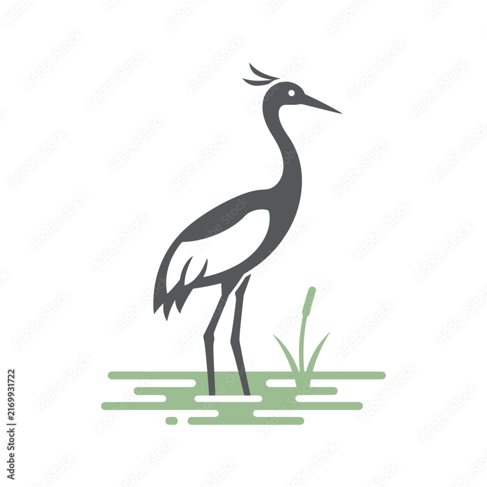 Naklejka premium Graceful minimalist illustration of a crane or stork wading in water amidst tall grass, rendered in elegant monochrome and green hues.
