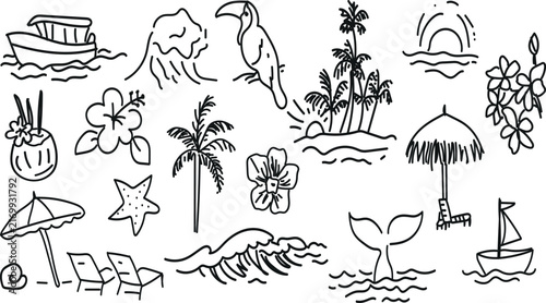 Hand drawn tropical vacation doodle collection with beach and island elements