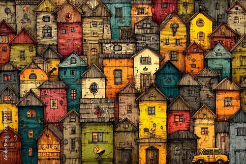 Vibrant Urban Doodle Art Showcasing Colorful Houses in a Playful Cityscape Generative AI