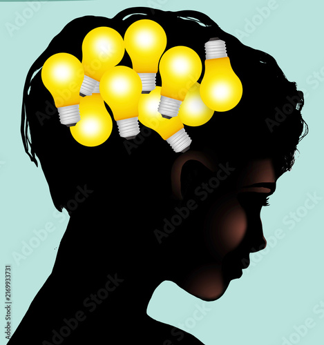 This young woman has a head full of great ideas as symbolized by bright light bulbs in this 3-d illustration.