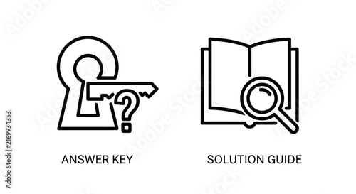 Black and white line icons representing answer key and solution guide concepts
