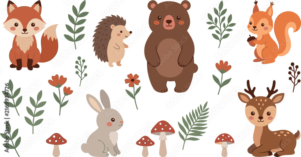Naklejka premium Cute woodland animal vector collection featuring cartoon forest elements like bear, fox, deer, rabbit, squirrel, hedgehog, mushrooms, flowers, and rustic leaves