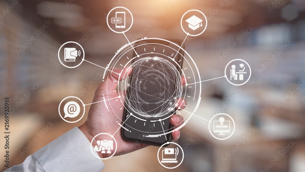Fototapeta premium Online education icons show e-learning, online education classes, and digital study. Online education enables global online education access, flexible learning. Gist